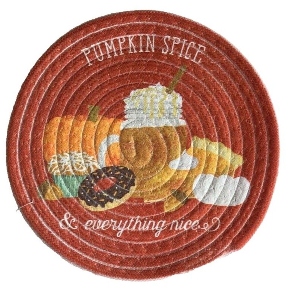 Pumpkin Spice Thanksgiving Braided Trivet 9" Rd Hot Pad Chenille Heat Resistant